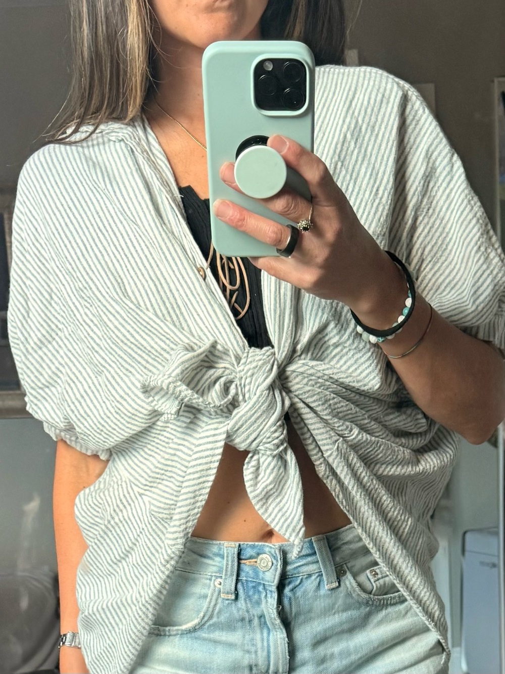 Mustard Seed Light Gray and White Striped Tie-Front Crop Top